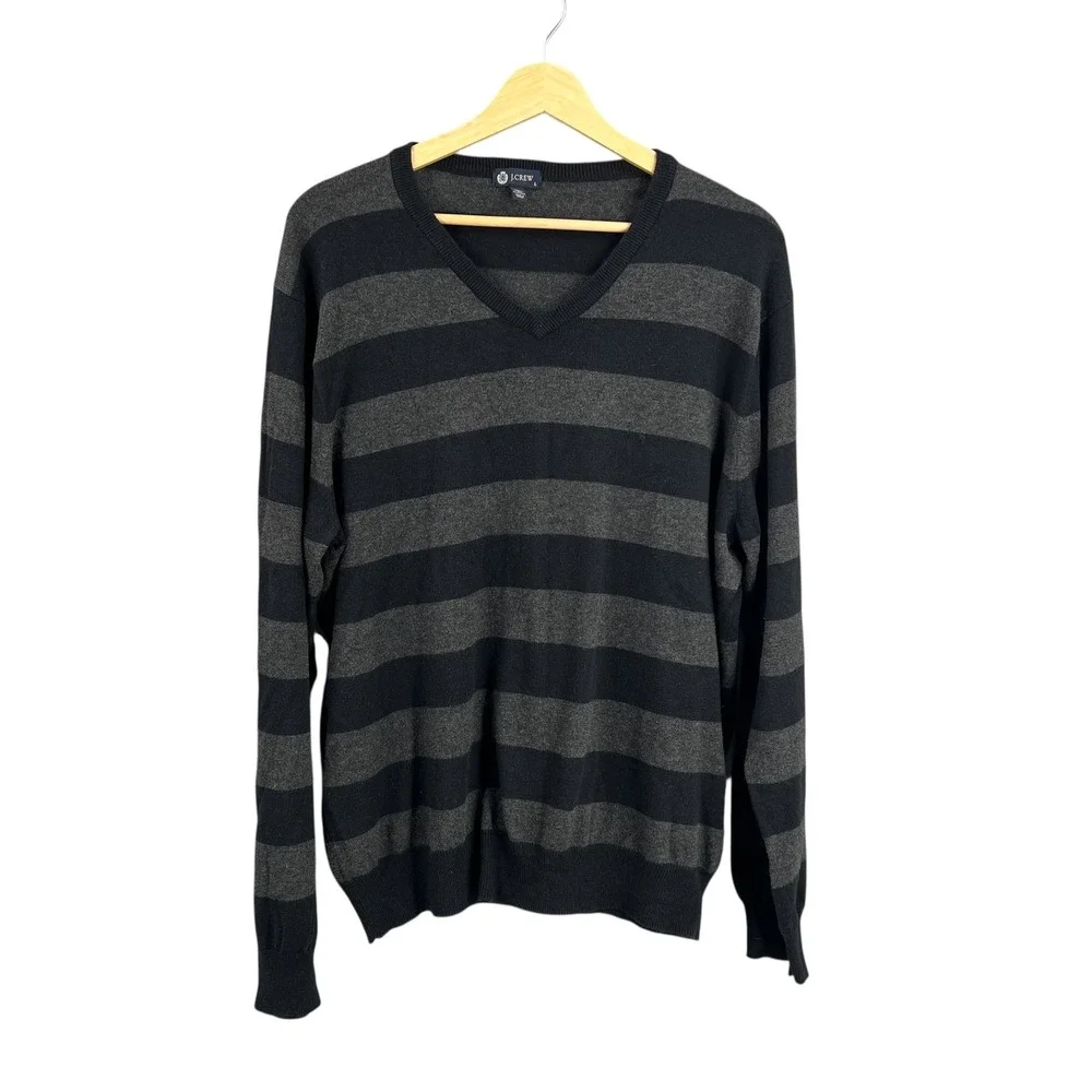 J Crew Sweater Black Gray Striped V Neck Cotton Cashmere Blend Mens Large